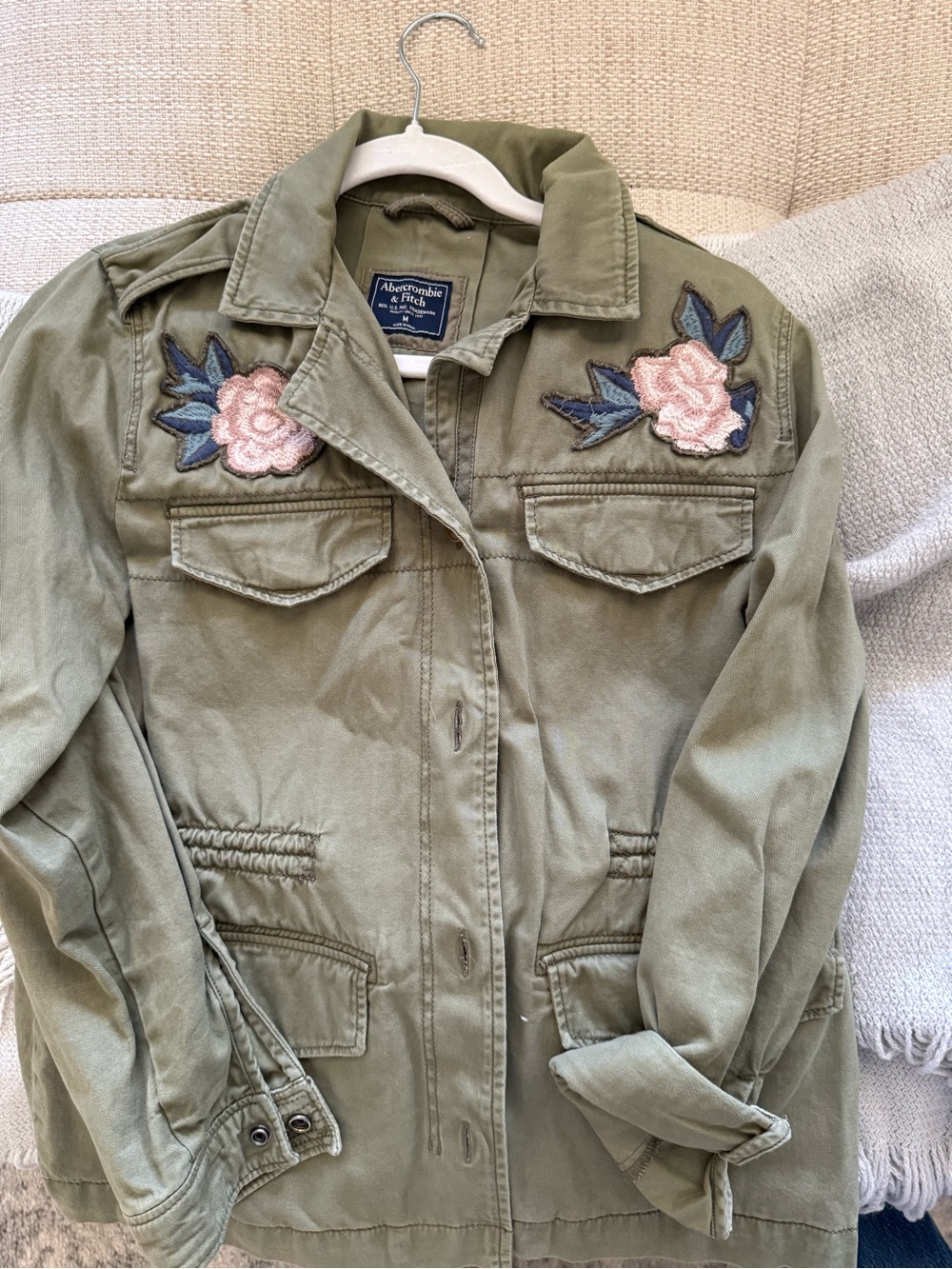 Abercrombie & Fitch Olive Utility Jacket with Pink Floral Embroidery